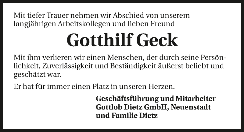  Traueranzeige für Gotthilf Geck vom 30.06.2017 aus 