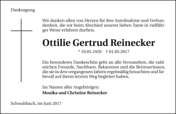 Traueranzeige von Ottilie Reinecker 
