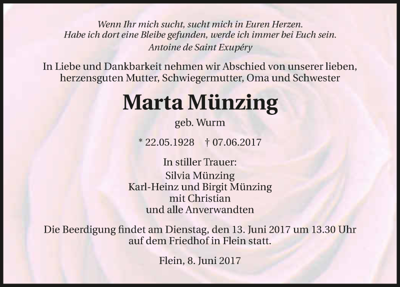  Traueranzeige für Marta Münzing vom 10.06.2017 aus 