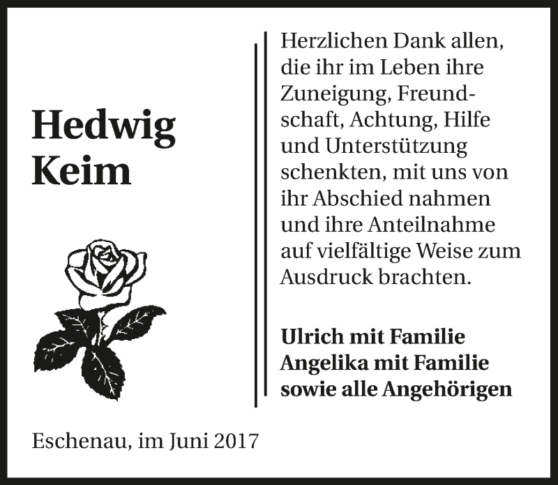  Traueranzeige für Hedwig Keim vom 03.06.2017 aus 