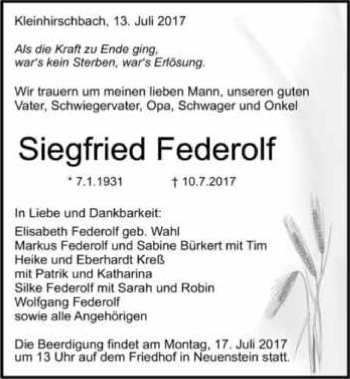 Traueranzeige von Siegfried Federolf 