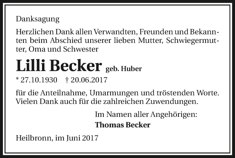  Traueranzeige für Lilli Becker vom 08.07.2017 aus 