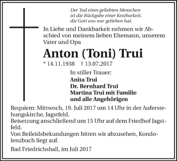 Traueranzeige von Anton(Toni) Trui 