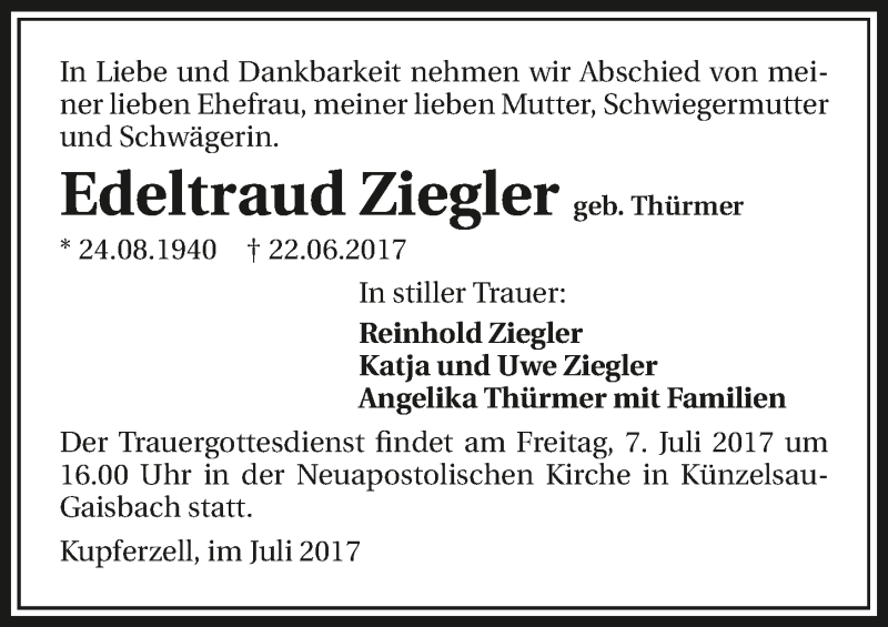  Traueranzeige für Edeltraud Ziegler vom 05.07.2017 aus 