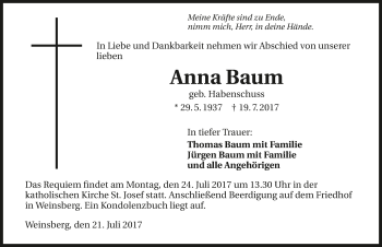 Traueranzeige von Anna Baum 