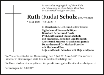 Traueranzeige von Ruth Scholz 