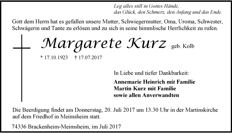  Traueranzeige für Margarete Kurz vom 19.07.2017 aus 