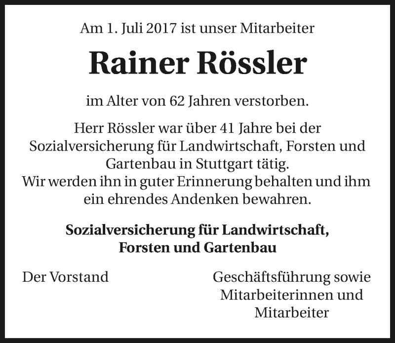  Traueranzeige für Rainer Rössler vom 07.07.2017 aus 