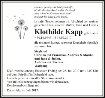 Traueranzeige von Klothilde Kapp 