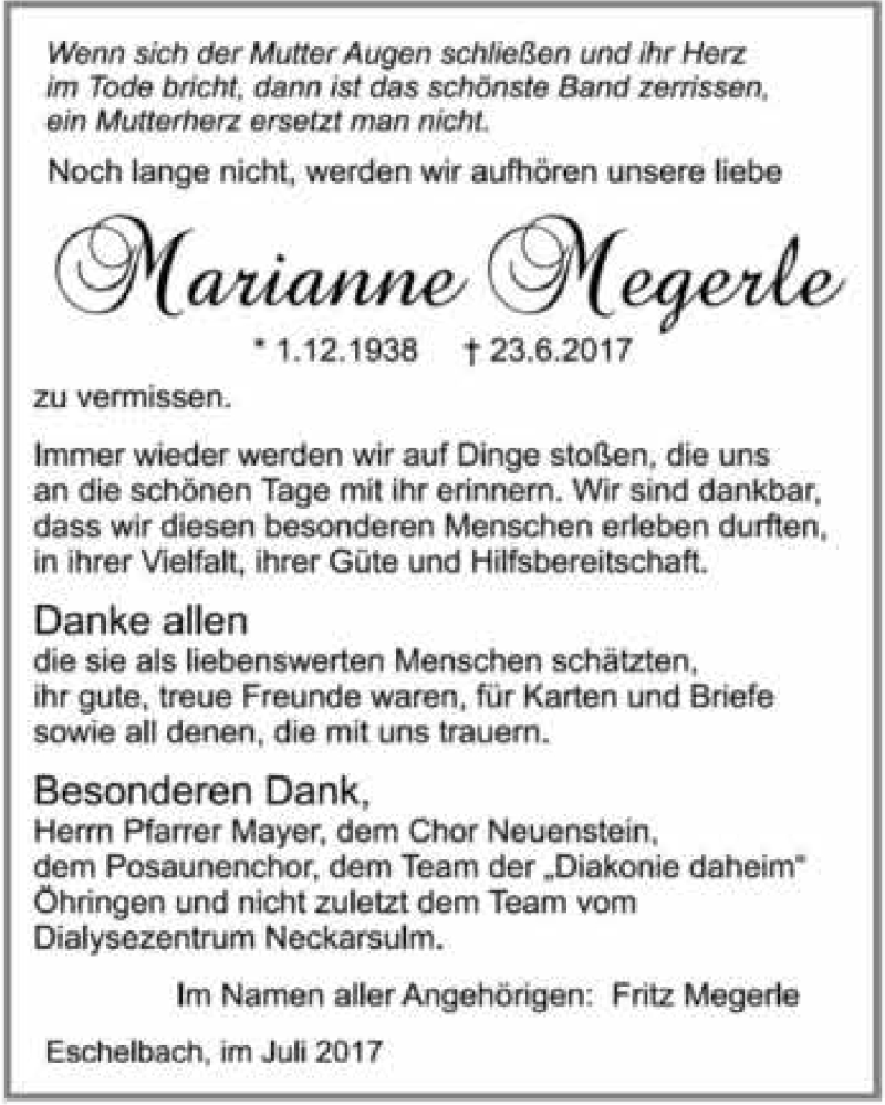  Traueranzeige für Marianne Megerle vom 21.07.2017 aus 