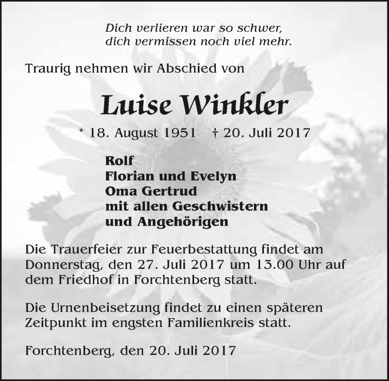  Traueranzeige für Luise Winkler vom 24.07.2017 aus 
