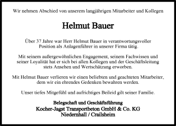 Traueranzeige von Helmut Bauer 