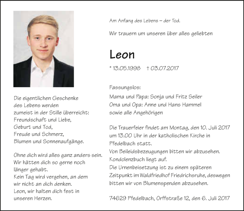 Traueranzeige für Leon Seiler vom 06.07.2017 aus 