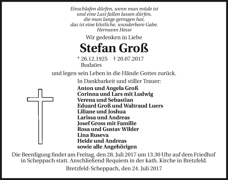  Traueranzeige für Stefan Groß vom 24.07.2017 aus 