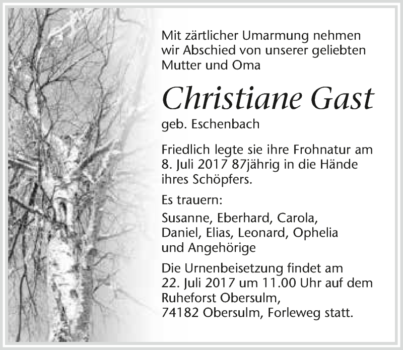  Traueranzeige für Christiane Gast vom 15.07.2017 aus 
