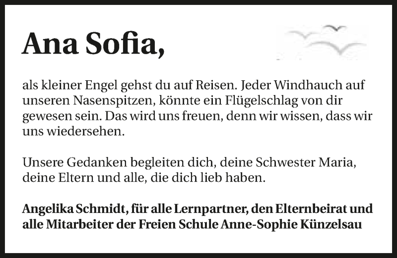  Traueranzeige für AnaSofia Dahl Villegas vom 31.08.2017 aus 