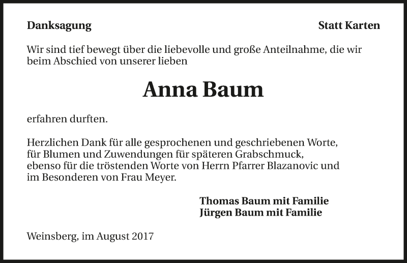  Traueranzeige für Anna Baum vom 05.08.2017 aus 
