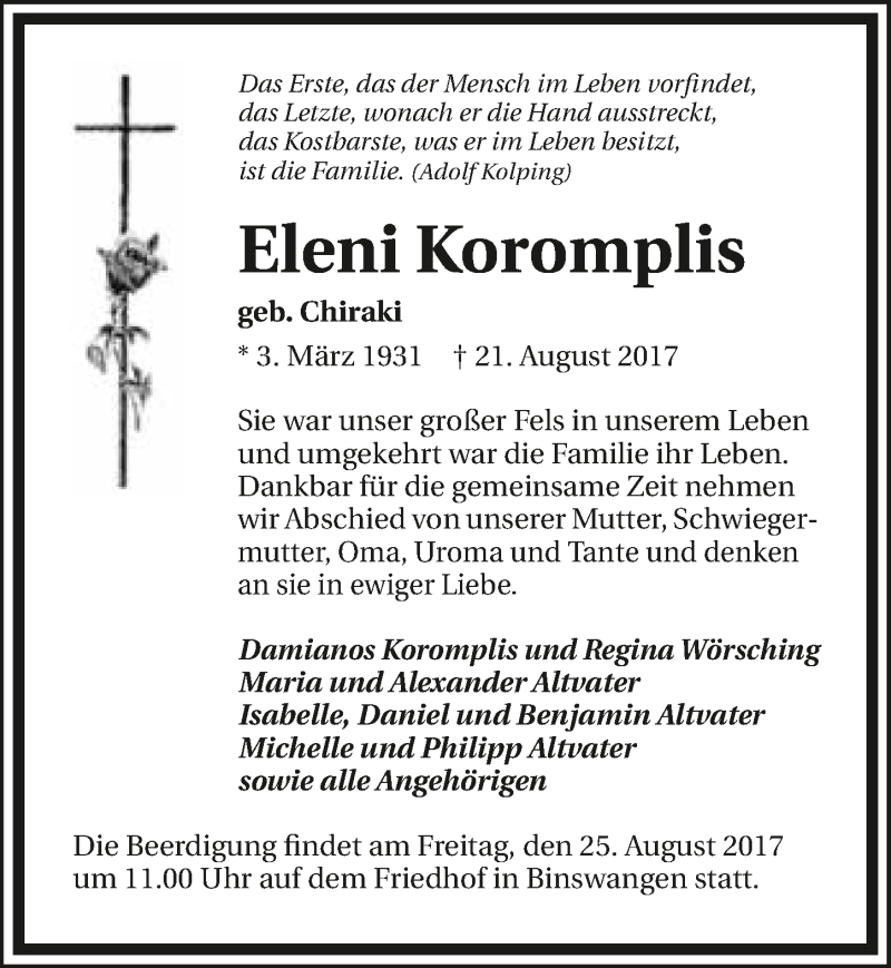  Traueranzeige für Eleni Koromplis vom 23.08.2017 aus 