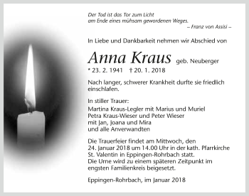 Traueranzeige von Anna Kraus 