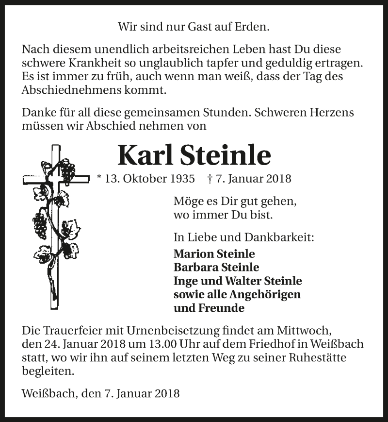 Traueranzeige für Karl Steinle vom 19.01.2018 aus 