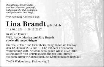Traueranzeige von Lina Brandt 