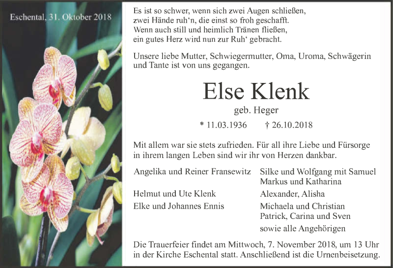  Traueranzeige für Else Klenk vom 31.10.2018 aus 