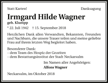 Traueranzeige von Irmgard Hilde Wagner 