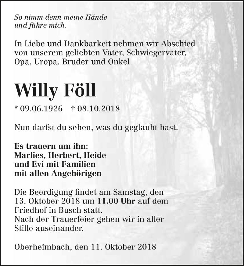  Traueranzeige für Willy Föll vom 11.10.2018 aus 