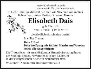 Traueranzeige von Elisabeth Dais 