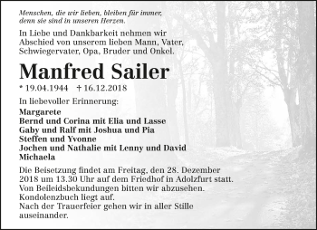 Traueranzeige von Manfred Sailer 
