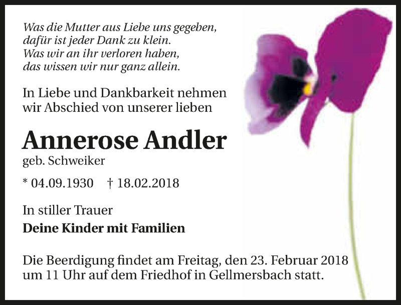  Traueranzeige für Annerose Andler vom 22.02.2018 aus 