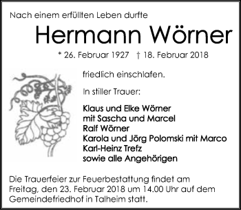 Traueranzeige von Hermann Wörner 