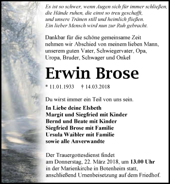 Traueranzeige von Erwin Brose 
