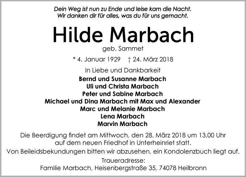  Traueranzeige für Hilde Marbach vom 27.03.2018 aus 