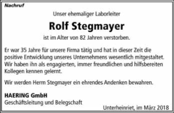 Traueranzeige von Rolf Stegmayer 