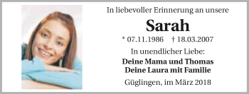 Traueranzeige von Sarah Wasiluk 