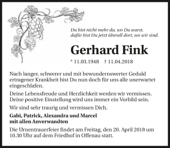 Traueranzeige von Gerhard Fink 