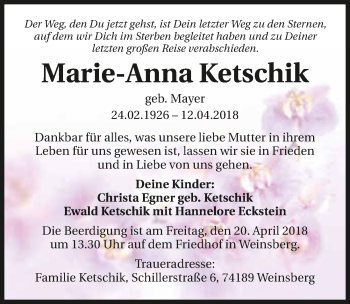 Traueranzeige von Marie-Anna Ketschik 