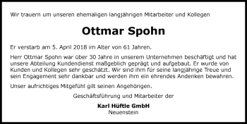 Traueranzeige von Ottmar Spohn 