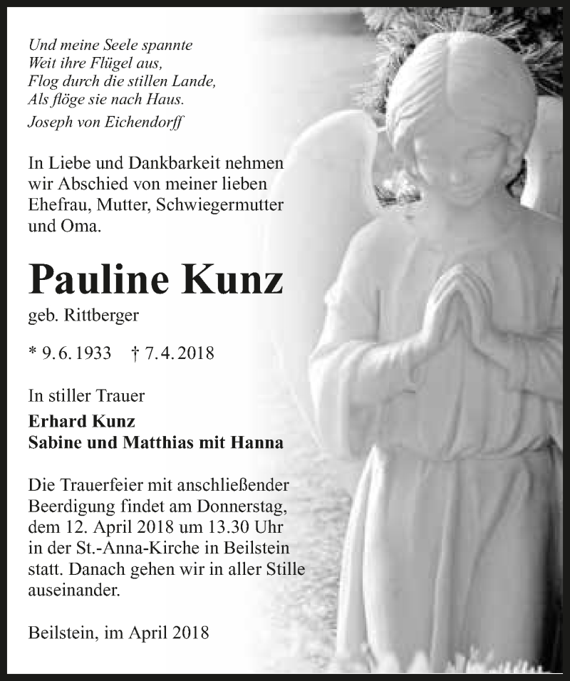  Traueranzeige für Pauline Kurz vom 11.04.2018 aus 