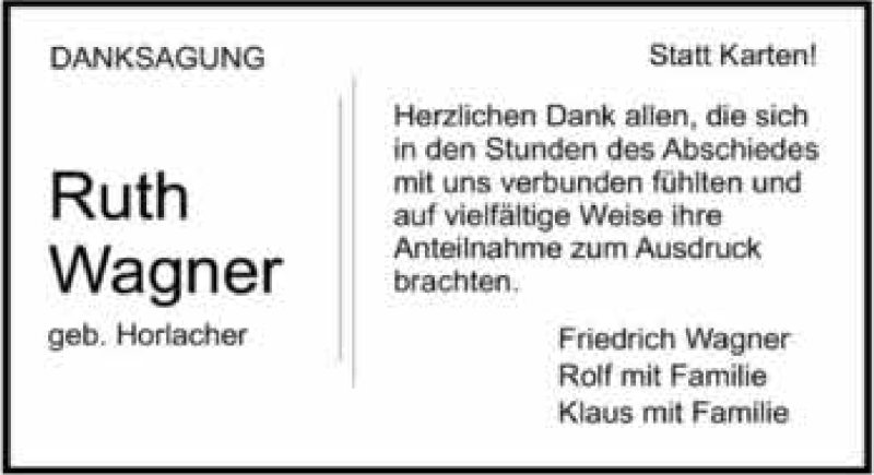  Traueranzeige für Ruth Wagner vom 19.04.2018 aus 