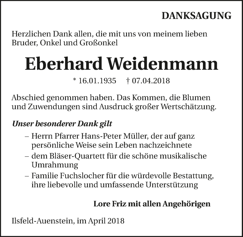  Traueranzeige für Eberhard Weidenmann vom 26.04.2018 aus 