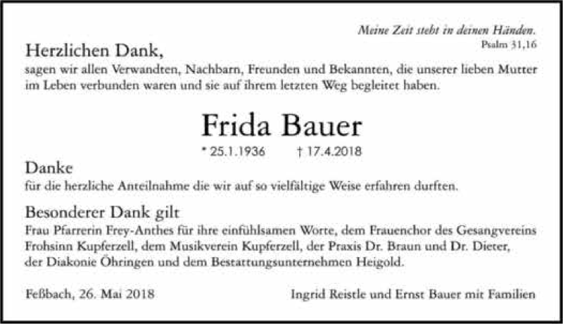  Traueranzeige für Frida Bauer vom 26.05.2018 aus 