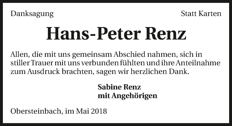  Traueranzeige für Hans-Peter Renz vom 09.05.2018 aus 