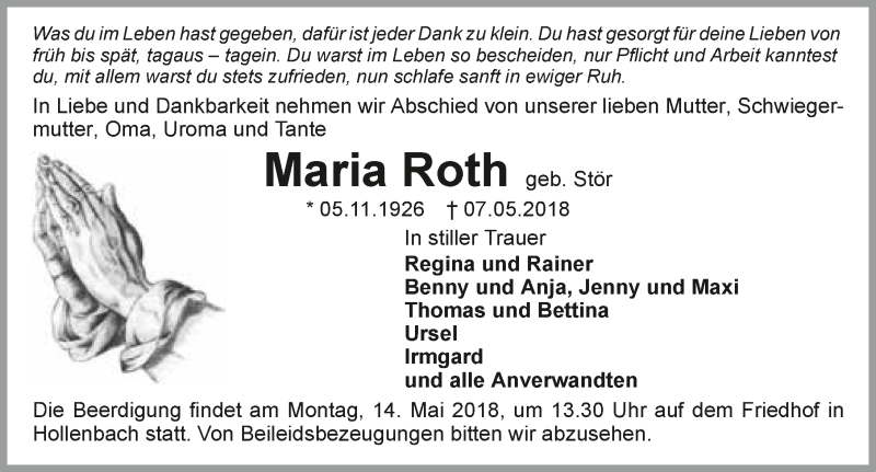  Traueranzeige für Maria Roth vom 11.05.2018 aus 