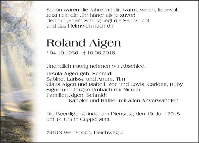  Traueranzeige für Roland Aigen vom 13.06.2018 aus 