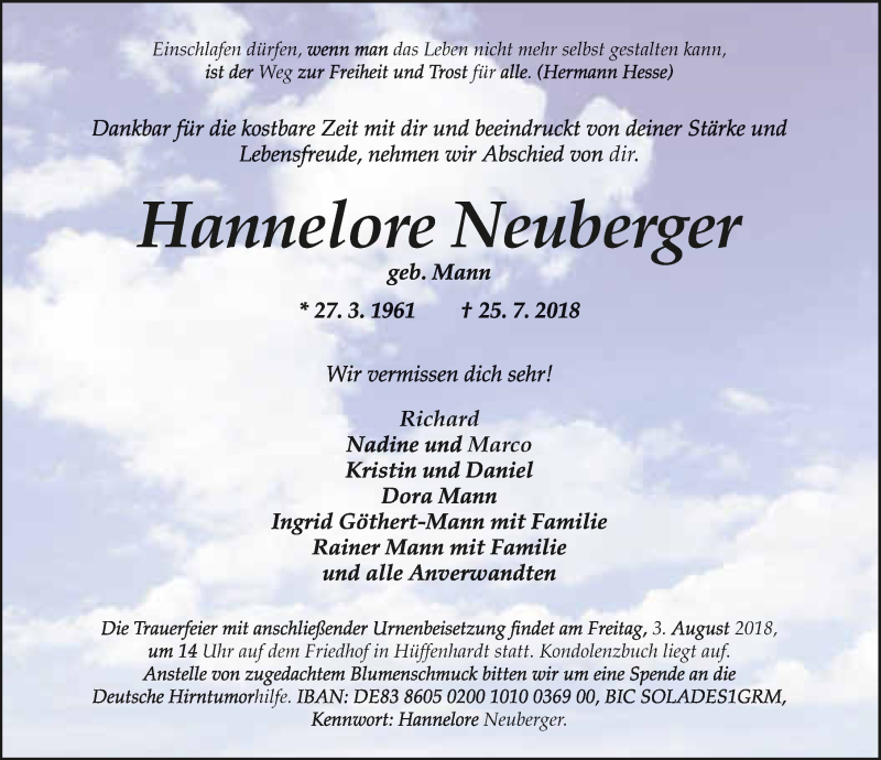  Traueranzeige für Hannelore Neuberger vom 01.08.2018 aus 