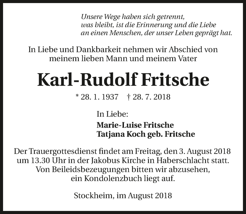  Traueranzeige für Karl-Rudolf Fritsche vom 01.08.2018 aus 