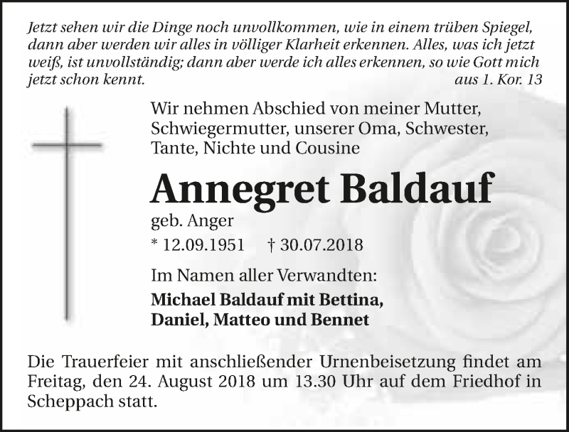  Traueranzeige für Annegret Baldauf vom 21.08.2018 aus 