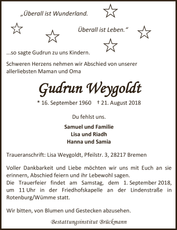 Traueranzeige von Gudrun Weygoldt 